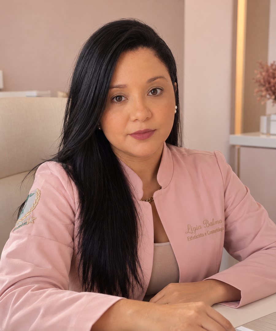 Lígia Belmonte, esteticista e cosmetóloga, de jaleco rosa em seu consultório