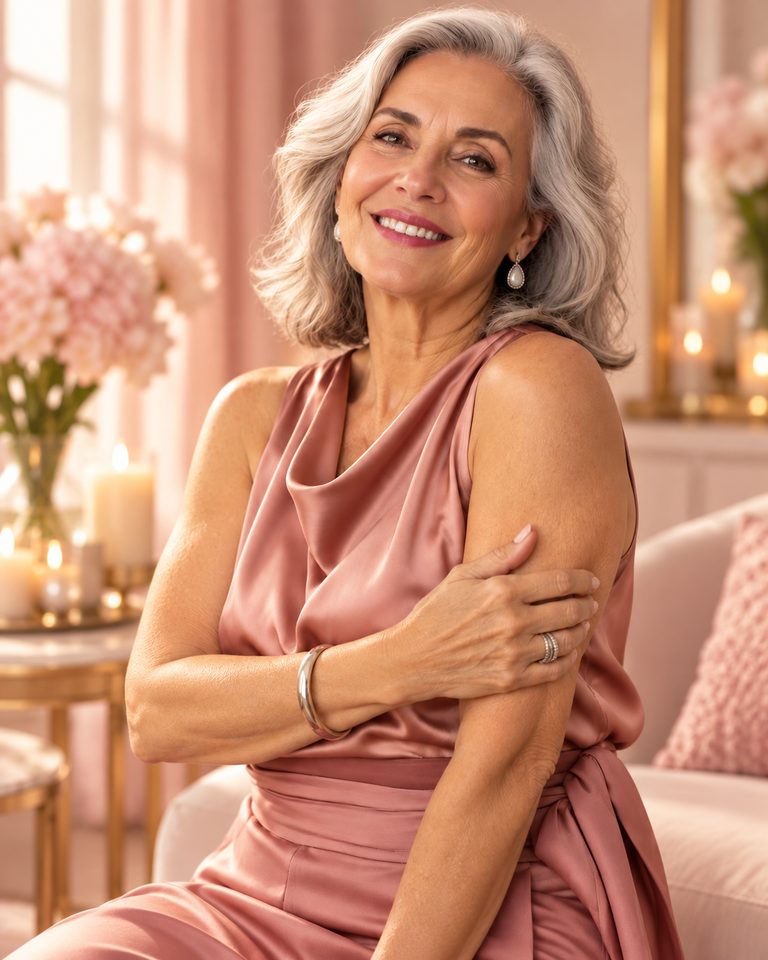 Mulher madura de cabelos prateados, vestido rosa acetinado, mão repousando sobre o braço, em ambiente com velas e flores