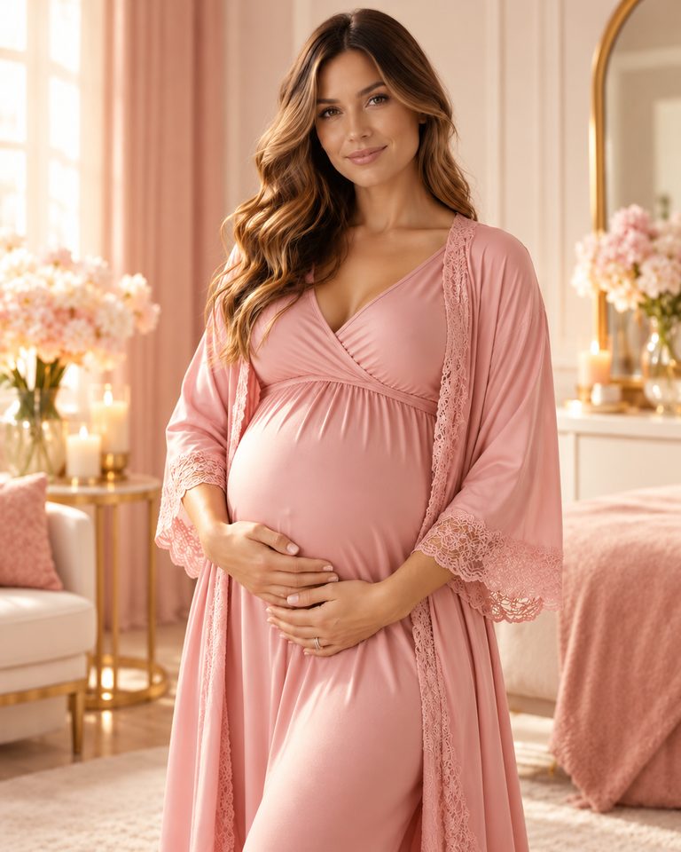Mulher grávida de robe rosa com renda, mãos sob a barriga, em ambiente com velas e flores