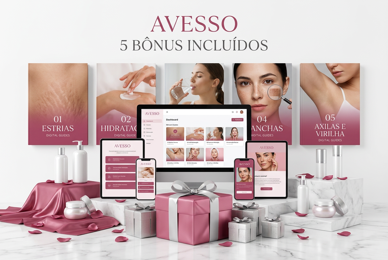 Coleção ilustrativa AVESSO com os cinco bônus, computador, tablets, celulares e caixas de presente rosa com laços prateados